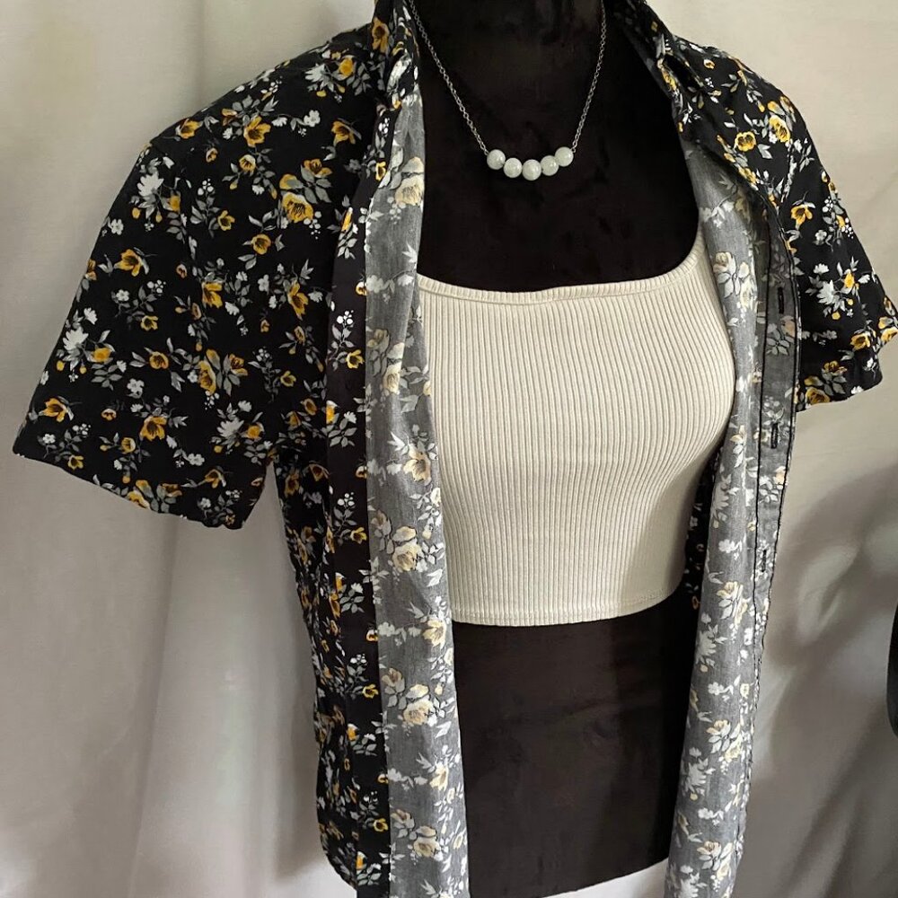 Denim & Flower Black and Yellow Floral Button Up Shirt 100% Cotton Short Sleeve - Picture 13 of 13